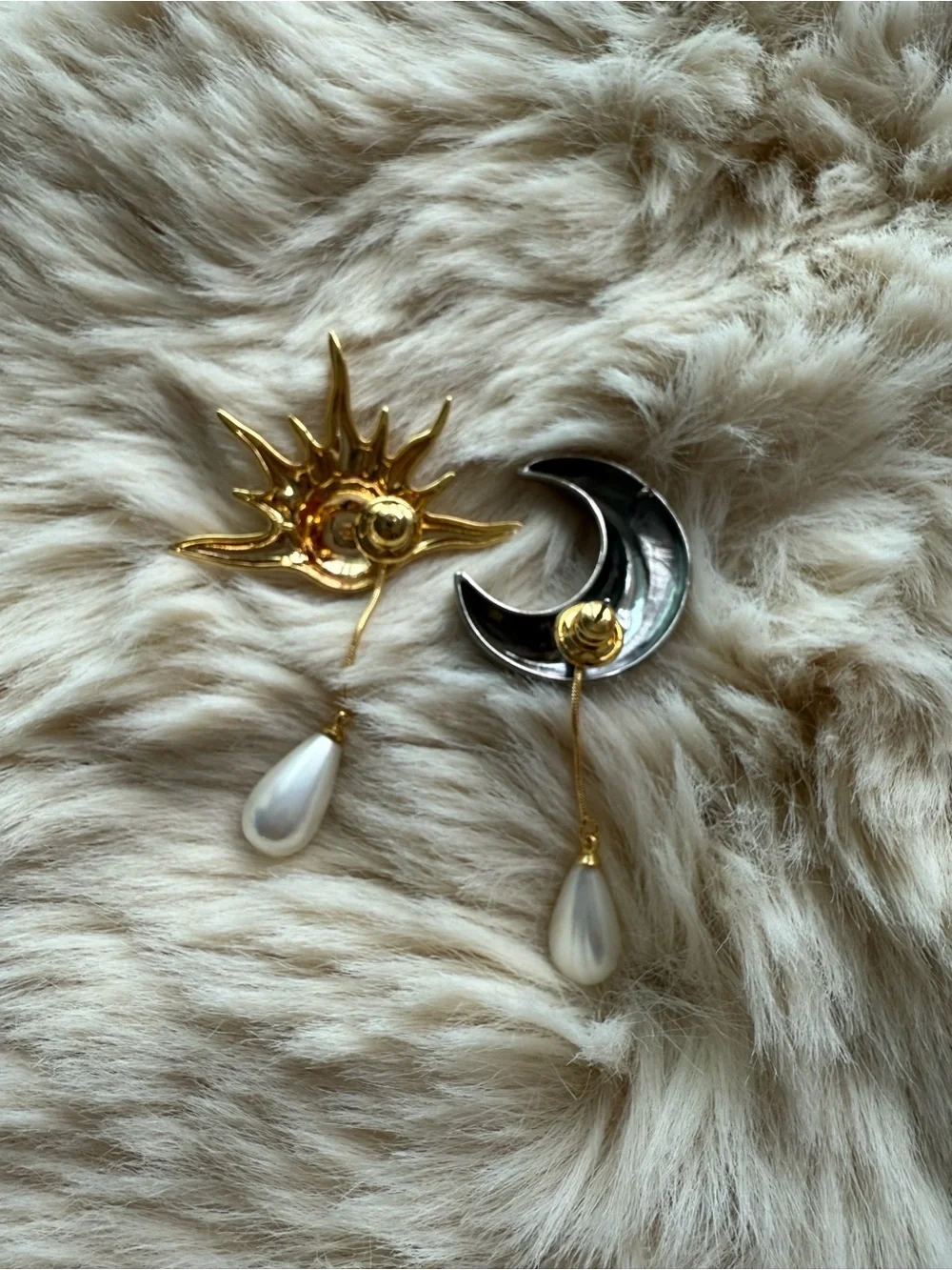 Sun and Moon Drop Pearl Earrings - Gold & Silver